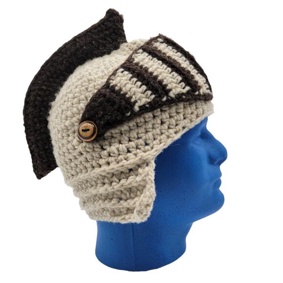 Handmade Crochet Knight Trojan Spartan Gladiator Hat w/ Face Shield Tan Brown - Picture 3 of 8